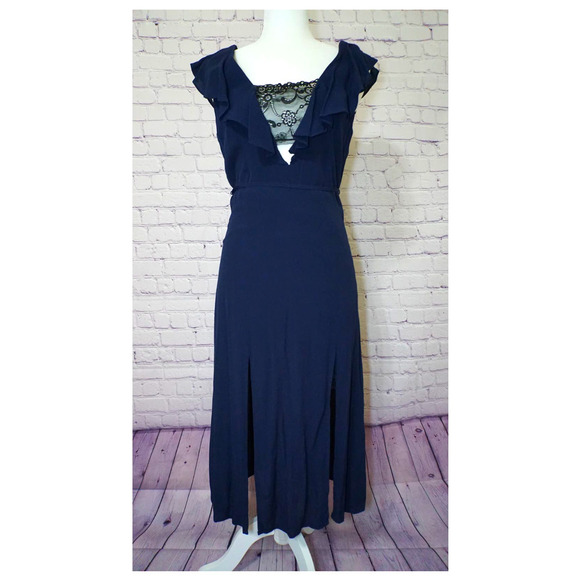 NWT, ARK & CO contrast lace ruffle dress dark navy size medium new - Picture 2 of 9